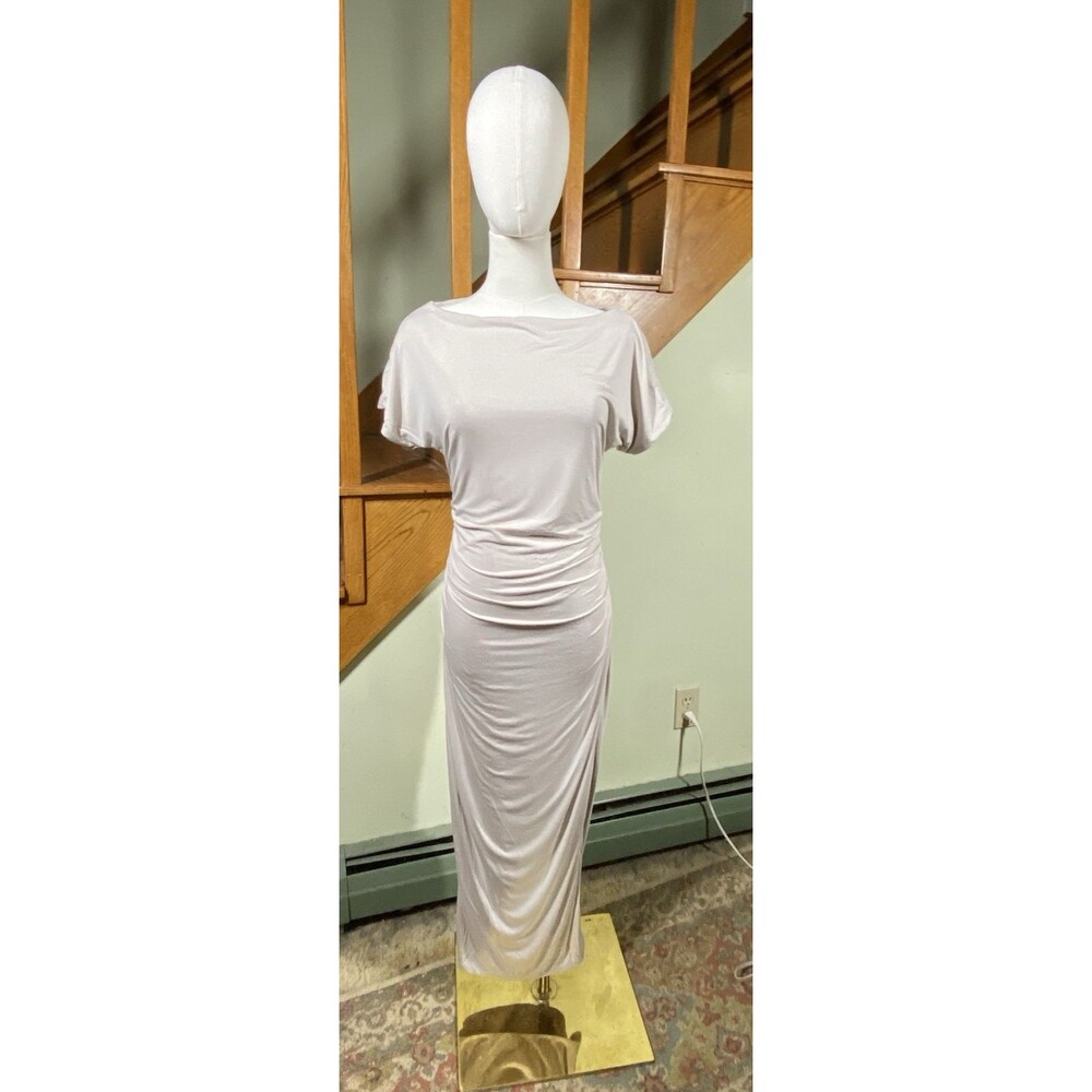 LaLavon Women's Sz M Beige Maxi Dress Bodycon Ruched Tie Back Minimalistic Party